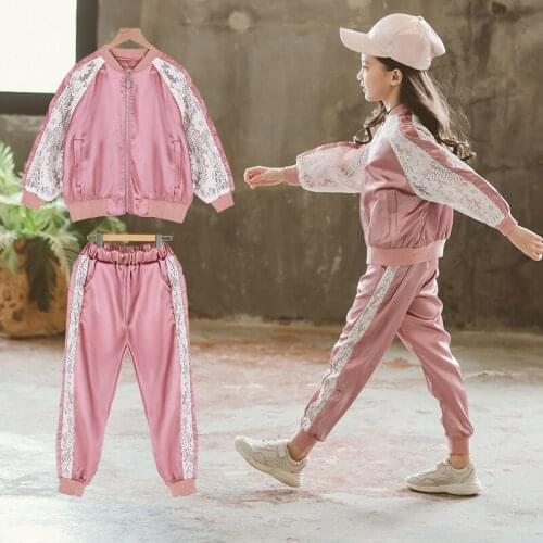 2021 Spring Children Clothing Girls Sport Sets Lace Flower Teenage Big Kids Tracksuits Autumn Clothes Fashion Hip Hop Clothing