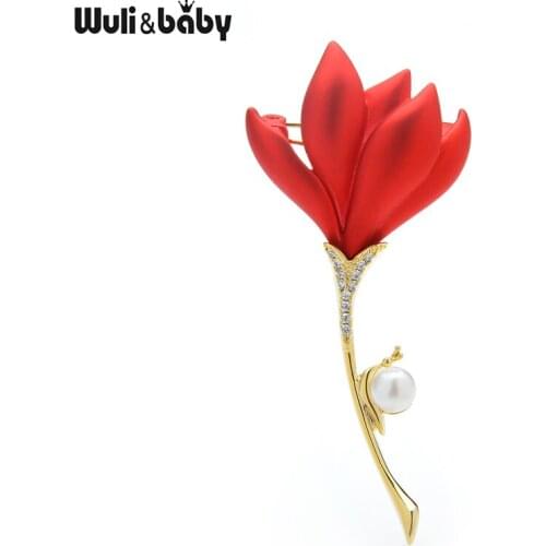 Wuli&baby Soft Touch Enamel Red Brooches Magnolia Lotus Flower Brooch Pins Women Gift 2021 Luxury Pearl Jewelry