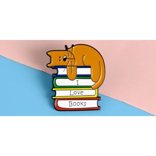 I Love Books Enamel Pins Cartoon Cat Hug Books Brooches Animal Book Lovers Bookworm Badges Lapel pins