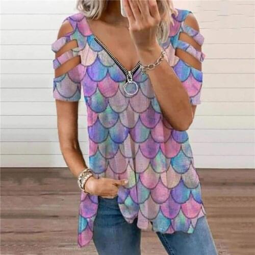 V Neck Zipper Short Sleeve Top Summer Sexy Hollow Out Women Printed T Shirt Loose Off Shoulder Casual Female Shirts