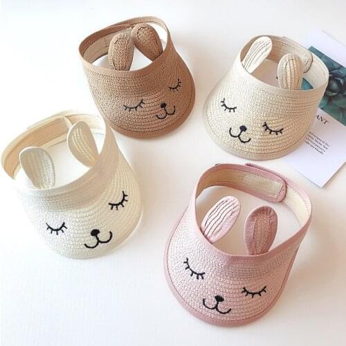 1-3 Years Summer Childrens Straw Hat Cat Baby Rabbit Ears Empty Top Cap Casual Shade Sunscreen Korean Boy Girl Beach Sun Hat