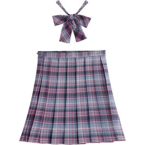 Women Spring Summer Plaid Pleated Skirt Schoolgirl Uniform Role Play Costume High Waist Zipper A-line Miniskirt with Bow Tie