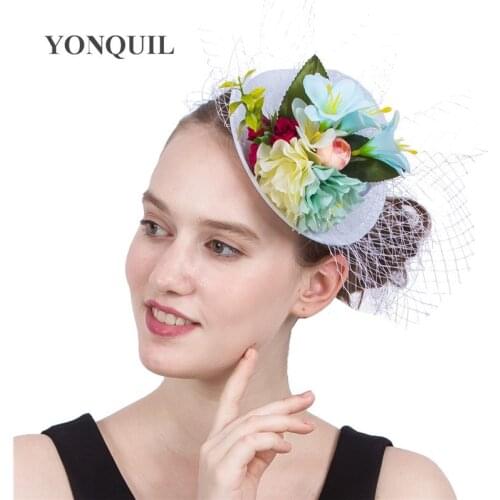 Ladies Imitation Sinamay Wedding Fascinator Hat Bridal Cocktail Hat With Flowers For Women Race Church Wedding Hair Accessories