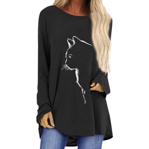 Women Autumn Long Sleeve Cats Print O Neck Mid-length Loose Blouse Top T-shirt