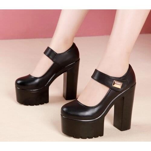 Plus Size 32-43 Block Heel Platform Pumps Women Shoes 2021 Spring Fall Mary Jane Shoes High Heels Shoes Ladies Black White