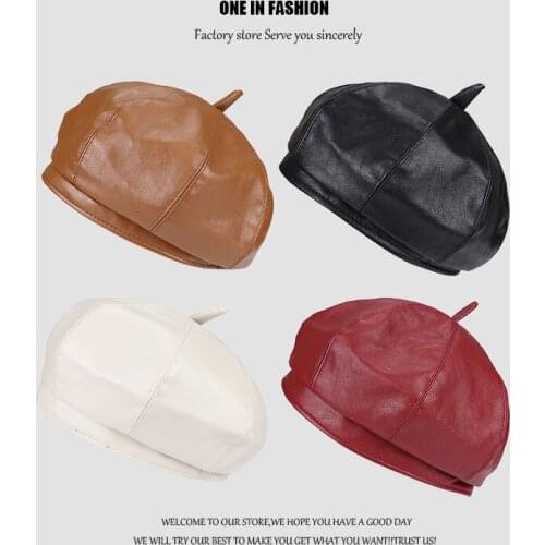 2021 New Beret Cap Fashion Women Casual PU Leather Beret Hat For Women Autumn Winter Retro Beanie Caps Hot Solid Color