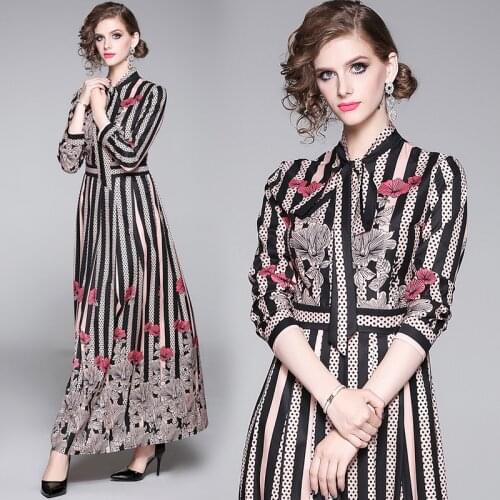 England Style 2021 Spring Autumn Runway Shirt Dress Womens Long Sleeve Bow Collar Striped Dot Print Vintage Luxury Maxi Dress