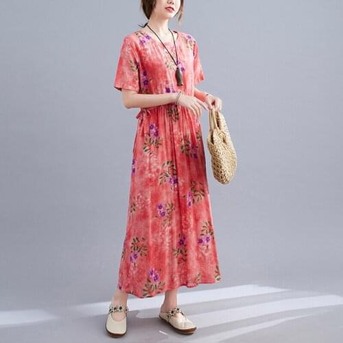 2021 Summer New Fashion Short Sleeve Slim Waist Print Dress Women Cotton Plus Size Holiday Female Casual O-Neck Maxic Dress