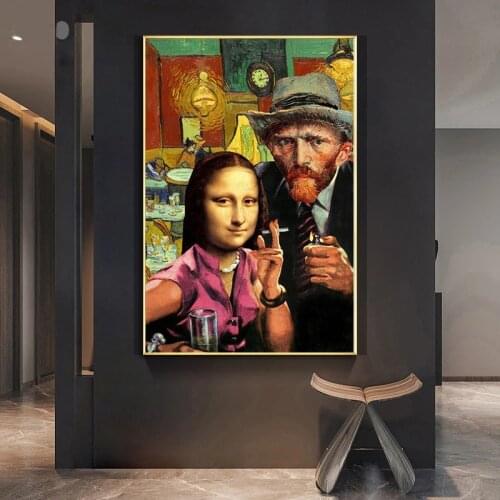 Famous Mona Lisa and Van Gogh Smoking Canvas Paintings Funny Art Posters and Prints Wall Art Pictures for Living Room Home Decor