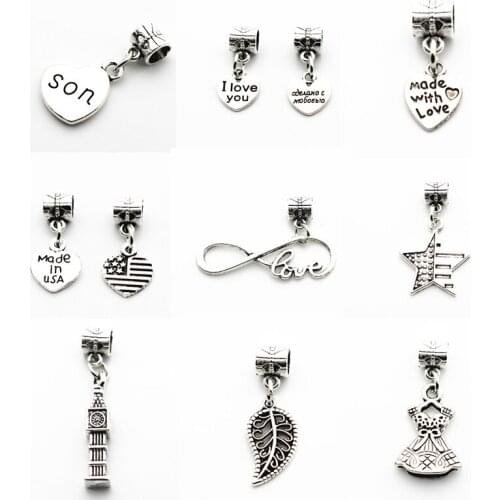 12pcs/lot Silver Alloy heart love you USA infinity Dangle Charms Lobster Clasp Hanging Charm fit Bracelet&Pendant Necklace