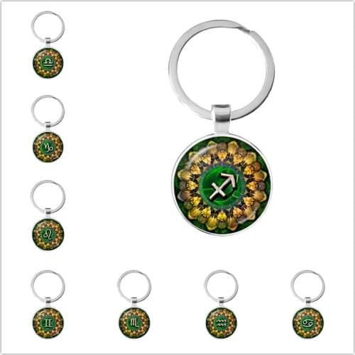 12 Constellation Zodiac Sign Mandala Flower of Life Keychain Glass Dome Single Side Key Rings Birthday Gift for Women and Mens