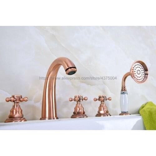 Antique Red Copper Deck Mounted 5PCS Bathroom Faucet Bathtub Basin Tap Cold Hot Water taps With Three Handles Ntf240