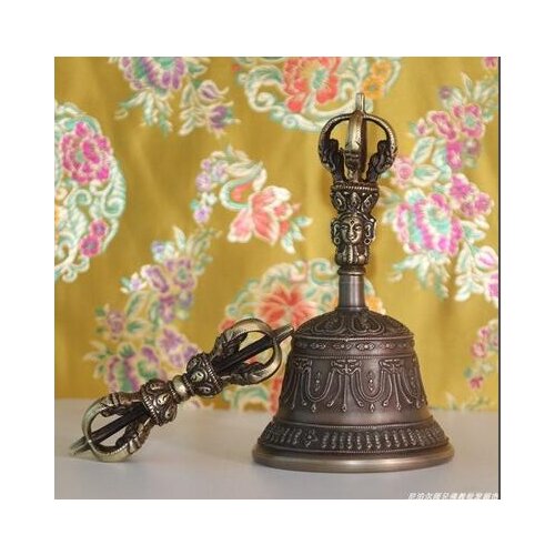 Antique Tibet Silver plated bronze Green Tara Buddha head exorcism Vajra Bell Diamond bell pestle set wholesale Decoration