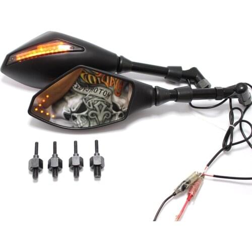 1Pair Black Motorcycle LED Turn Signals Rearview Mirrors For Honda Suzuki Kawasaki Yamaha Ducati BMW Street Scooter Bikes