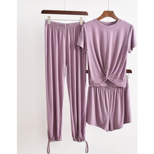 Fdfklak Womens Pyjamas Sets Clothing Short Sleeve Modal 3 Pcs Pj Set Female Pajamas Sets NightSuit Sleepwear Sets Home Wear