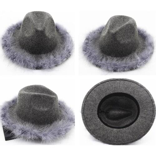 New Fedora hat ostrich fur big brim felt hat Korean fashion men’s and women’s ostrich fur warm hat red feather jazz hat панама