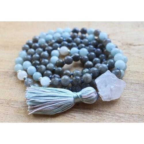 Labradorite Mala Beads 108, Aquamarine Mala Necklace, Knotted Mala, Tassel Necklace, Yoga Necklace