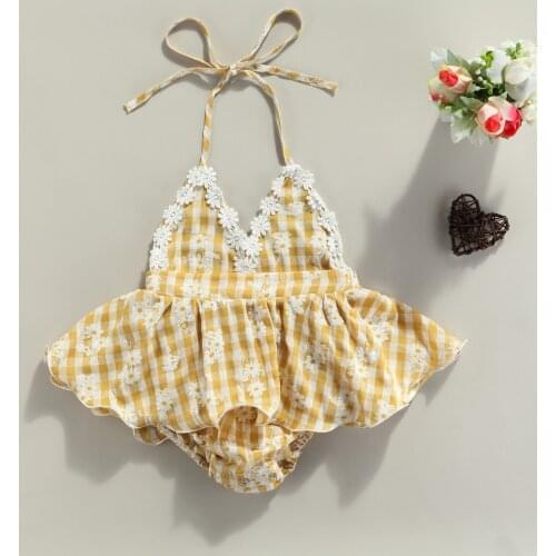 0-24M Baby Girls Halter Romper Sleeveless Plaid Floral Print Bodysuit Tutu Dress V-neck Backless Casual Short Playsuit