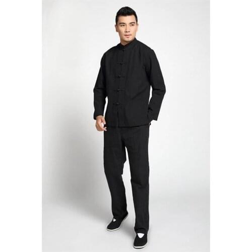 Plus Size Chinese Mens Pure Color Kung Fu Suit 100% Cotton Loose Wu Shu Tai Chi Sets Jacket&Trousers M L XXL 3XL 4XL YZT090610
