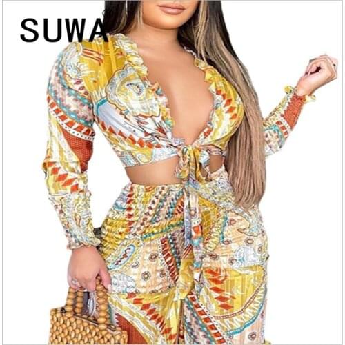 Deep V Neck Long Sleeve Bro And Pants Sexy Tight Club Party Lady Fashion Tracksuits High Street Outfits