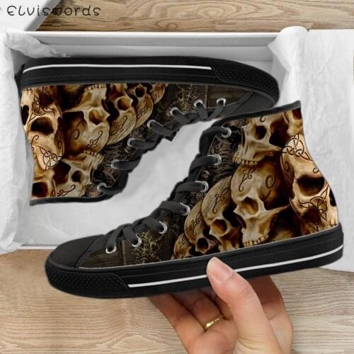 ELVISWORDS Mens Casual Flats Shoes Punk Skull Boys High Top Shoes Light Lace Up Sneakers Breathable Classic Vulcanized Footwear