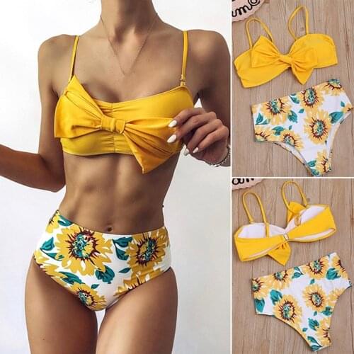 Hot kf-Bikinis for Women Bow Bikini Sexy Sunflower Print Lace-Up Swimsuit Suits for Women 2 Piece Set