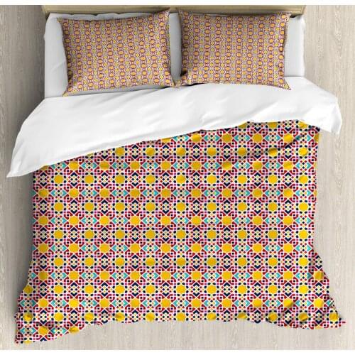 Moroccan Duvet Cover Set Continuous Modernized Traditional 3 Piece Bedding Set Earth Yellow Hot Pink Deep Sky Blue Dark Violet