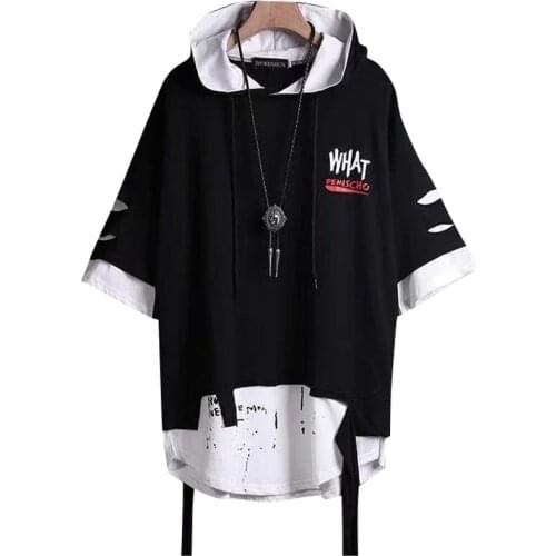 Summer Hooded T Shirt Hip Hop Short Sleeve Mens Fake Two-Piece Street Bf Loose Half Sleeve T-Shirts 2021 Cotton Casual Top Tees