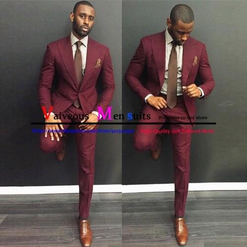 2 Piece Men Suits Jacket With Pants Formal Burgundy Wedding Tuxedos Casual Summer Party Gown Wear Slim Fit Business Blazer Suit