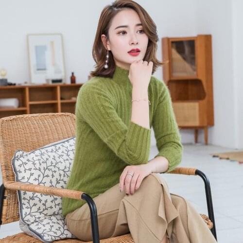 New Autumn And Winter Women Sweater Pure Mink Cashmere Half High Collar Pullover Pumping Long Hair Water Velvet Large Size Knit