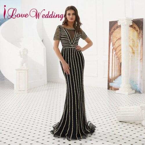 New Arrival Luxury Evening Dress Scoop Collar Sequined Black Formal Gown Short Sleeves Mermaid Long Dress Party