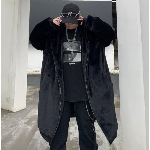 Jaqueta Motoqueiro Tide Veste Cuir Homme Winter Loose Long Hooded Imitation Rabbit Hair Fur Coat Long Woolen Coat Fur Men Jacket