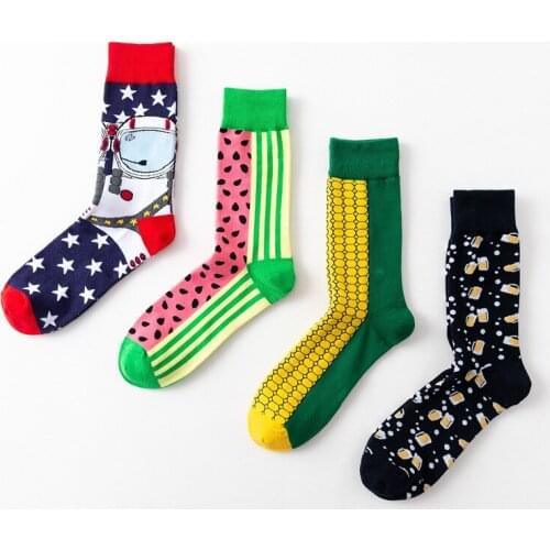 Peonfly Pattern Funny British Watermelon Corn Hot Dog Men Fruit Combed Cotton Causal Crew Dress Wedding Socks