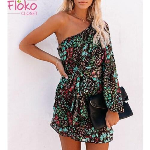Flokocloset Diagonal Collar Long Sleeve Print Mini Dress Sexy One-Shoulder Summer Women Beach Dress 2021 Sundress