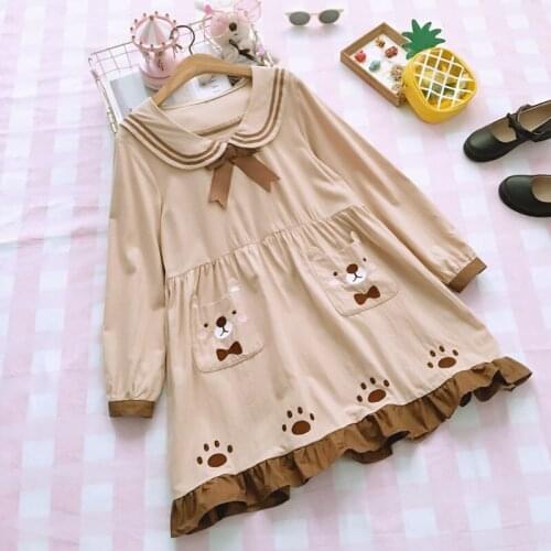 Japan Preppy Style Kawaii Harajuku Lolita Cute Cartoon Sailor Bear Claw Bow Knot Long Sleeve Ruffle Straight Loose Dress Costume