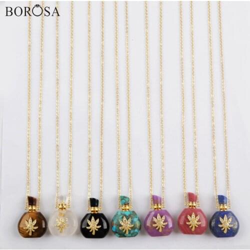 CZ Micro Paved Gems Stones Perfume Essential Oil Bottle Pendant Necklaces with Gold Leaf Natural Stones Necklace Connector G1976