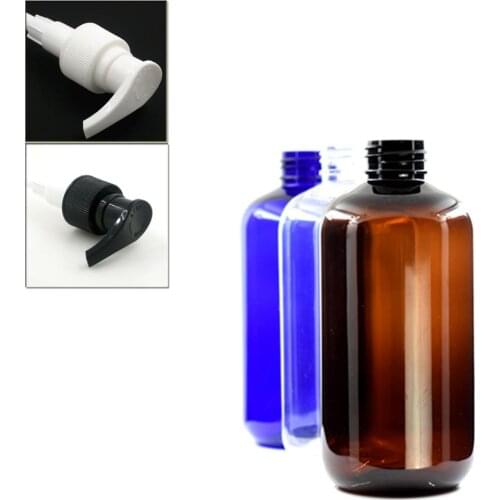 250ml 8oz empty boston round plastic bottle , clear/amber/blue pet bottle with black/white lock pumps