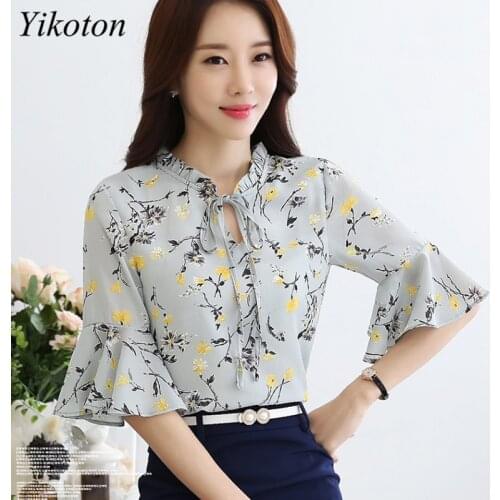 Chiffon Print Blouse Womens Shirt Tops Summer Loose Plus Size Office Lady V-Neck Bow Ruffles Blouse Women Short Sleeve Blusas