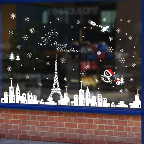 Christmas Snowflake City Building Paris Tower Wall Sticker for Shop Glass Window Background Decorative Painting