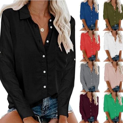 Lapel Button Shirts Plus Size Blouse Women Solid Button Long Sleeve Blouses Pocket Tops Office Lady Shirt Blouses Blusas Блузки