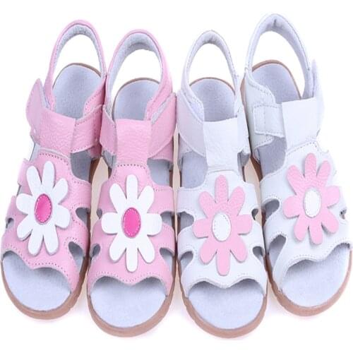 Little Girls Sandals Genuine Leather T-strap Summer Shoes Baby Gift Children Toddler White Pink Daisy Flowers Handmade SandQ New