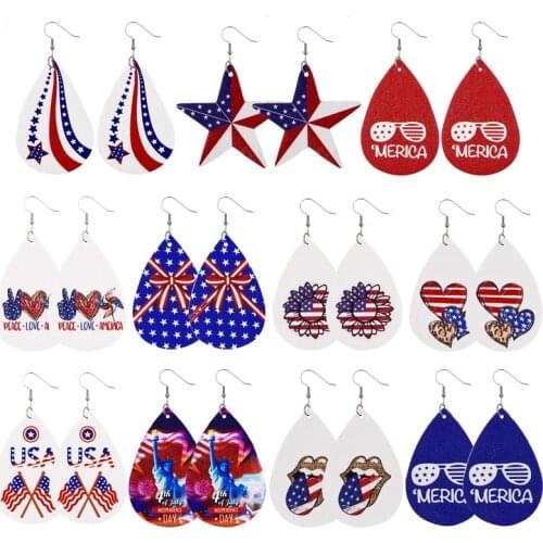 2021 New Independence Day Leather Earrings Pu Drop-shaped Pattern European American Flag Double-sided Five-pointed Star Earrings