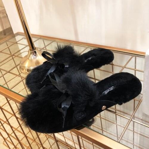 Cute hairy shoes autumn and winter new bow Baotou womens shoes fur one half slippers out single shoes