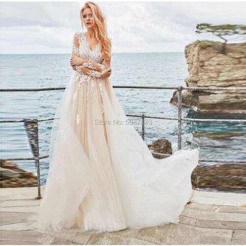 Long Sleeves Wedding Dresses V Neck Lace Appliques Vestido De Noiva Button A Line Bridal Gowns Court Train Custom Plus Size