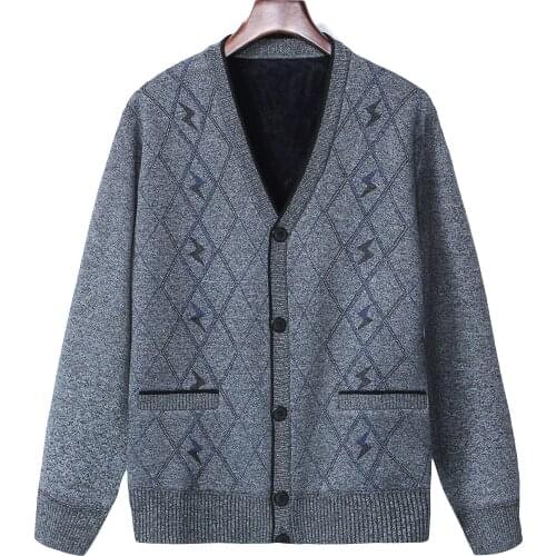 Autumn and winter middle-aged and old man sweater button cardigan plus cashmere warm cashmere V neck sweater coat
