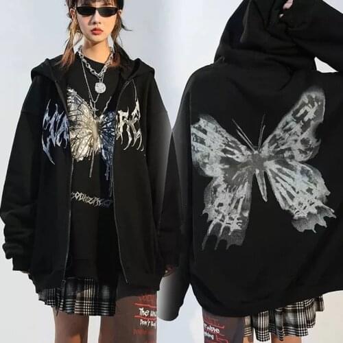 Butterflies Hoodie Rock Punk Style Cat Unisex Oversize Harajuku Sweatshirt Top Illustration Sweatshirt Harajuku Aesthetic Hooded
