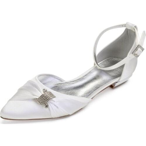 Comfort Flat Satin Wedding Shoes Pointed Toe Ankle Buckle Strap Crystals Prom Evening Formal Party Dress Flats