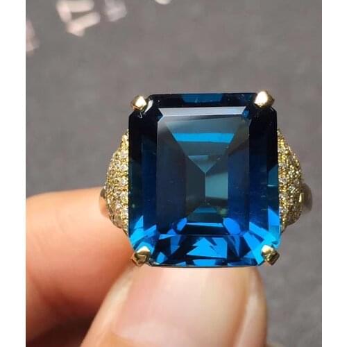 Fine Jewelry Real 18K Rose Gold AU750 100% Natural London Blue Topaz Gemstone Female Rings for Women Fine Ring