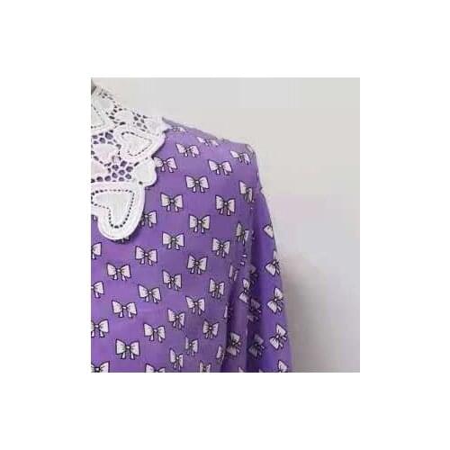 2021 Autumn and Winter New Bow Printed Hook Flower Hollow Doll Collar Shirt Women Shirt