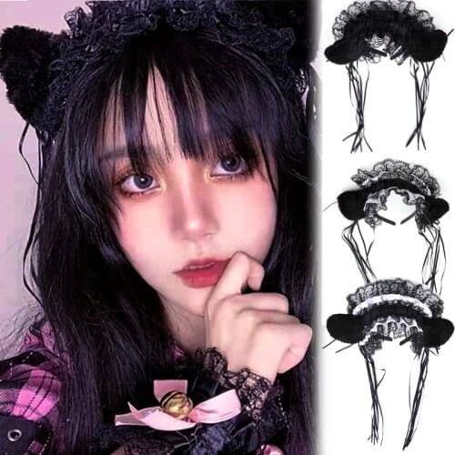 Women Ruffles Lace Headband Plush Cat Ears Ribbon Bell Lolita Cosplay Hair Hoop Accessories Hair Headdress